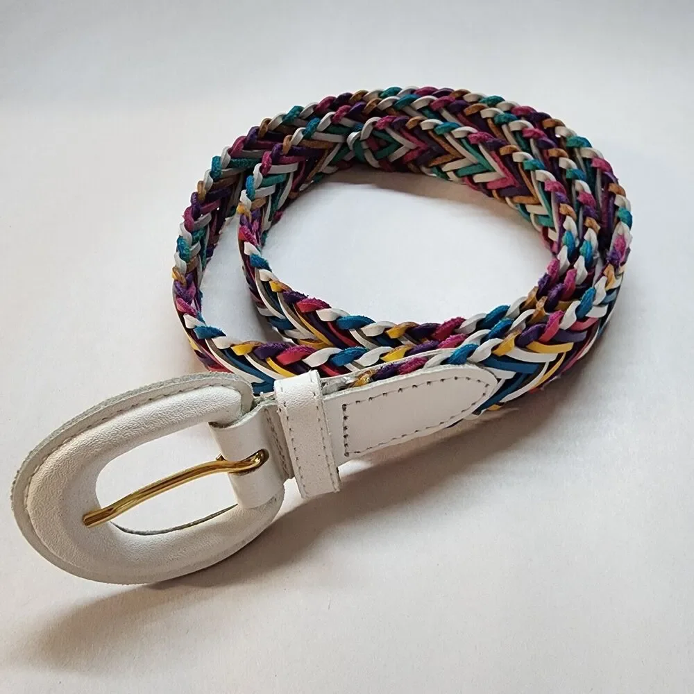 Womens Vintage Y2K Rainbow Braided Leather Belt Size L White Buckle Colorful 90s